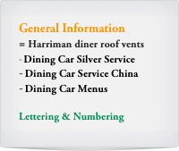 General Information
= Harriman diner roof vents
- Dining Car Silver Service
Dining Car Service China
Dining Car Menus

Lettering & Numbering