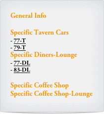 General Info

Specific Tavern Cars
77-T
79-T
Specific Diners-Lounge
77-DL
83-DL

Specific Coffee Shop
Specific Coffee Shop-Lounge