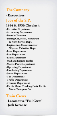 The Company
- Executives
Jobs of the S.P.
1944 & 1956 Circular 4 
Executive Department
Accounting Department
Board of Pensions
Dining Car, Hotel, Restaurant  
     & News Service Dept.
Engineering, Maintenance of  
     Way and Valuation Dept.
Land Department
Law Department
Lease Department
Mail and Express Traffic
Motive Power Department
Operating Department
Purchasing Department
Stores Department
Tax Department
Traffic Department 
Treasury Department
Pacific Motor Trucking Co & Pacific   
     Motor Transport Co.

Train Crews
Locomotive “Full Crew”
Jack Kerouac