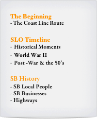 The Beginning
- The Coast Line Route 

SLO Timeline
Historical Moments
World War II
Post -War & the 50’s

SB History
SB Local People
SB Businesses	
Highways