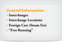 General Information
Interchanges
Interchange Locations 
Foreign Cars (Steam Era)
“Free Running”