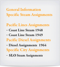 General Information
Specific Steam Assignments

Pacific Lines Assignments
Coast Line Steam 1948
Coast Line Steam 1949
Pacific Diesel Assignments
Diesel Assignments  1964
Specific City Assignments
SLO Steam Assignments 