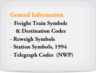 General Information
Freight Train Symbols
    & Destination Codes
- Reweigh Symbols
Station Symbols, 1994
Telegraph Codes  (NWP)