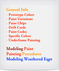 General Info
Prototype Colors
Paint Variations
Paint Chips
Drift Cards
Paint Codes
Specific Colors
Underframe Painting

Modeling Paint
Painting Procedures
Modeling Weathered Eqpt 