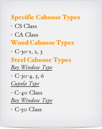 Specific Caboose Types
CS Class
CA Class
Wood Caboose Types
C-30-1, 2, 3
Steel Caboose Types
Bay Window Type
C-30-4, 5, 6
Cupola Type
C-40 Class
Bay Window Type
C-50 Class