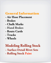 
General Information
Air Hose Placement
Brakes
Chalk Marks
Hand Brakes
Route Cards
Trucks
Wheels

Modeling Rolling Stock
Surface Detail Rivet Sets
- Rolling Stock Paint