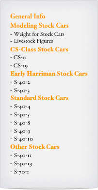 General Info
Modeling Stock Cars
Weight for Stock Cars
Livestock Figures
CS-Class Stock Cars
- CS-11
CS-19
Early Harriman Stock Cars
S-40-2
S-40-3
Standard Stock Cars
S-40-4
S-40-5
S-40-8
S-40-9
S-40-10
Other Stock Cars
S-40-11
S-40-13
S-70-1