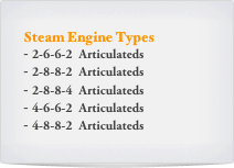 Steam Engine Types
2-6-6-2  Articulateds
2-8-8-2  Articulateds
2-8-8-4  Articulateds
4-6-6-2  Articulateds
4-8-8-2  Articulateds